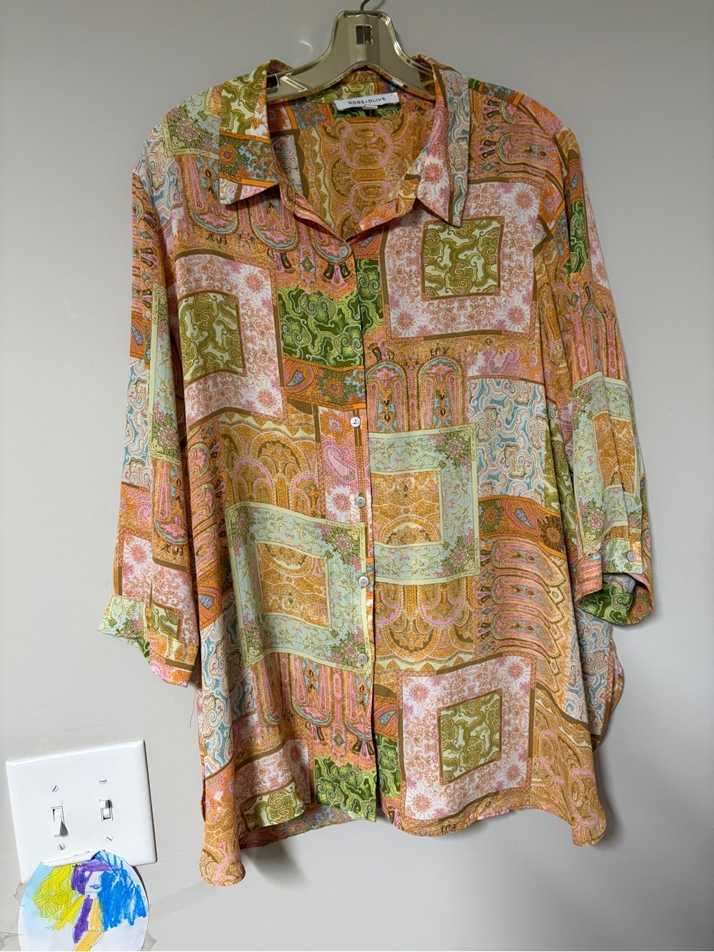 Rose + Olive Boho Paisley Patchwork 3/4 Sleeve Blouse Top Multicolor 1X EUC